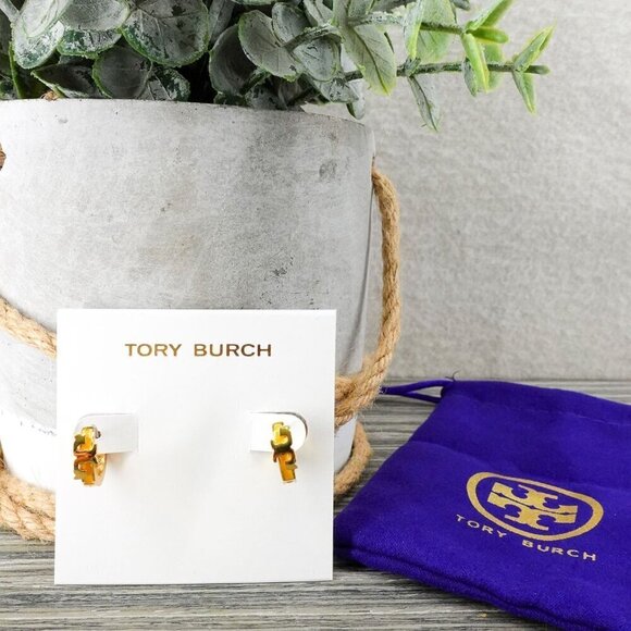 Tory Burch Serif-T Enamel Huggie Hoop Earrings Gold/Lemon OS - Picture 9 of 12